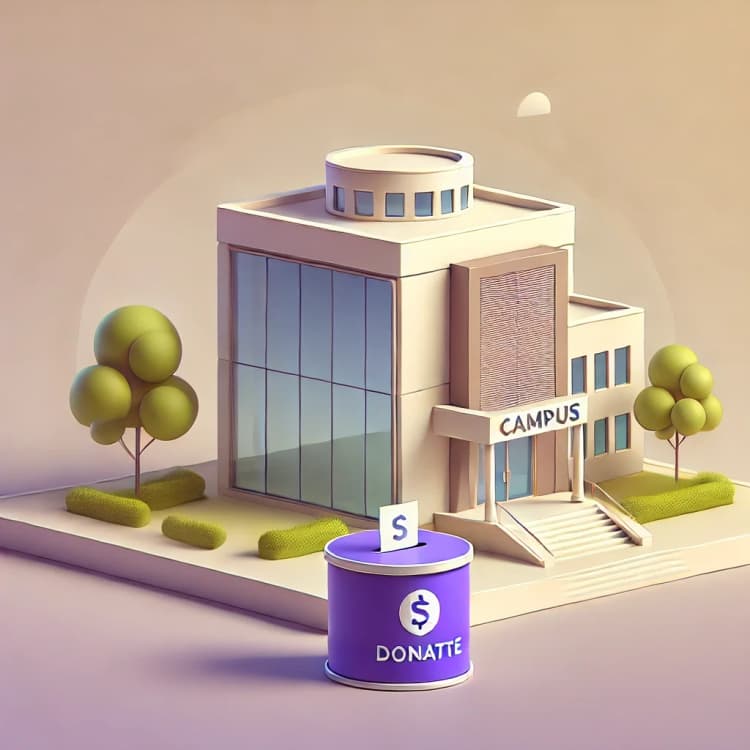 A building with a sign that says campus next to a purple paint can